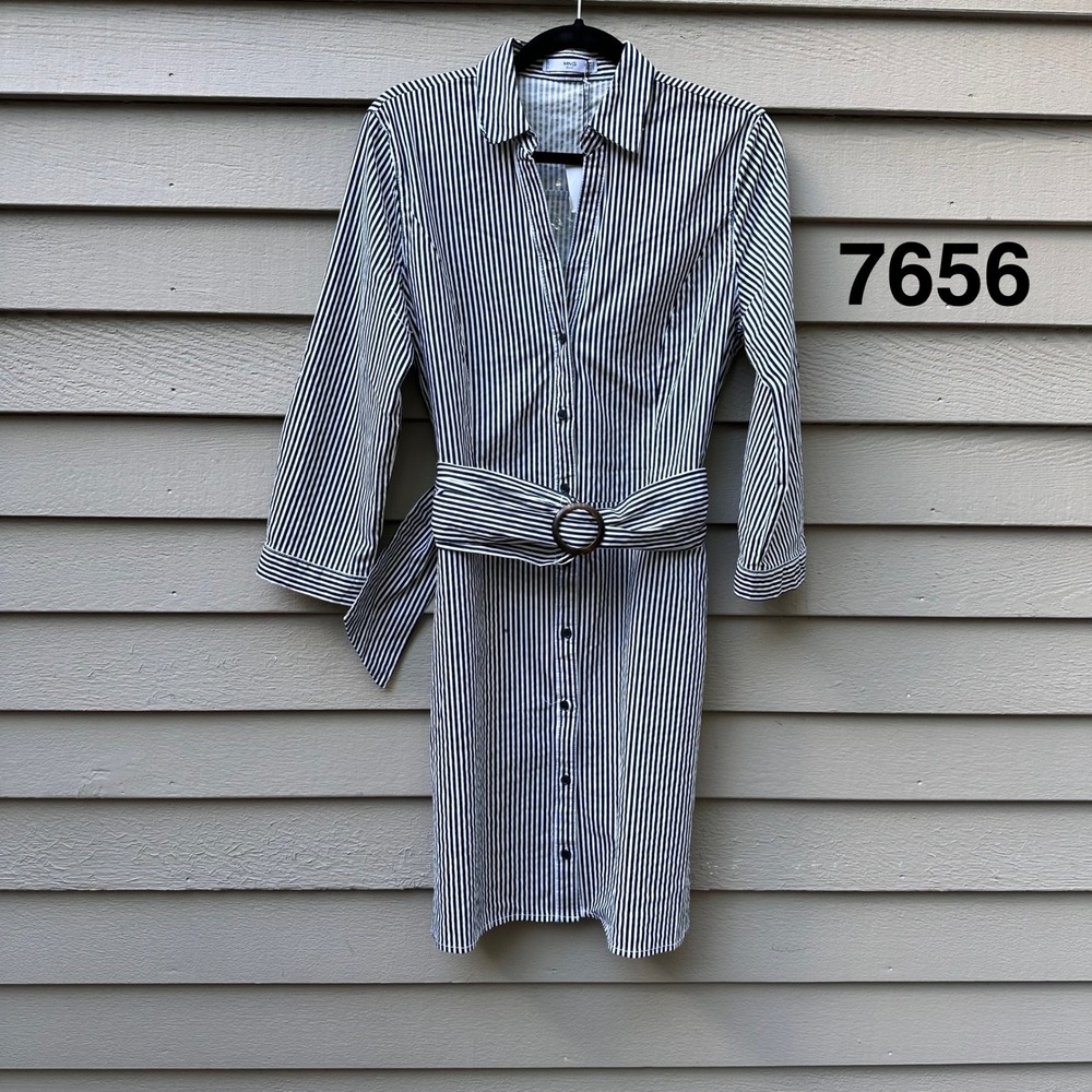 Mango MNG Suit Navy Blue White Striped Belted Shirt Dress Long Sleeve Size M NEW